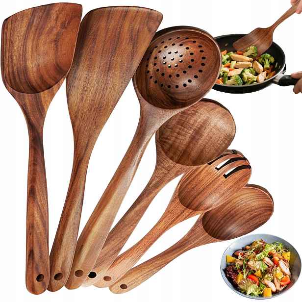 Kuchyňské Náčiní 6V1 Dřevěné, Ergonomická Sada, Multifunkční, Odolné