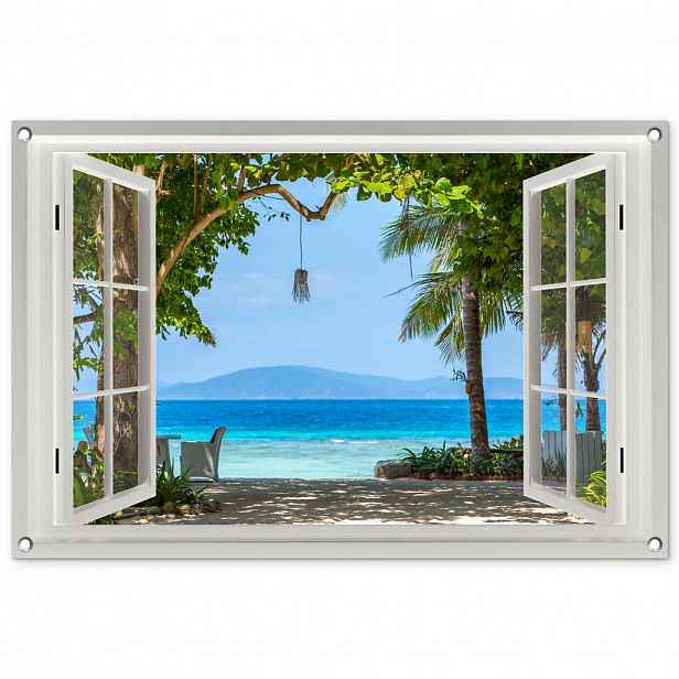 OnlyWow ZAHRADNÍ PLAKÁT Výhled - Strom - Moře - Palma - Kopce - Pláž - Modrá 90x60 cm