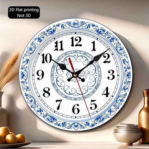 TEMU 1 ks, 2D ploché nástěnné hodiny, modrobílé porcelánové vzory, kulaté hodiny s květinovým ornamentem, vhodné do obývacího pokoje, ložnice,