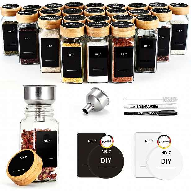 TEMU 24 Skleněných kořenek 120 ml Čtvercové nádoby na koření s bambusovými víčky Úložný na koření s ručně psanými štítky Nádoby na koření pro
