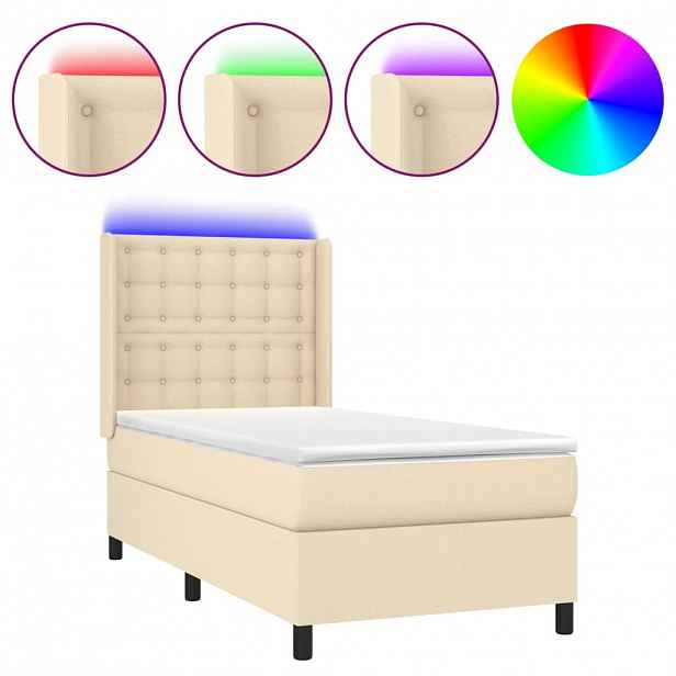 vidaXL Box spring postel s matrací a LED krémová 90x190 cm textil