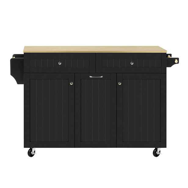 Redom KUCHYŇSKÝ ostrůvek 140/40-70/92 cm s výsuvnou pracovní deskou, multifunkčním úložným prostorem a kolečky, Černá/ přírodní