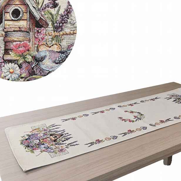 Gobelínový běhoun 45x140, levandulová chata, elegantní, dekorativní na stůl