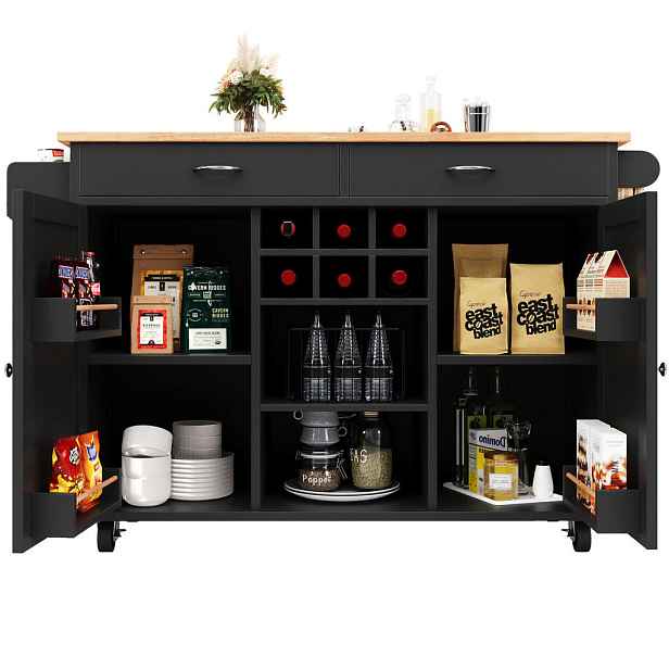 Modenvie KUCHYŇSKÝ ostrůvek z MDF a kovu, 102/45/92 cm, černý, pojízdný s úložným prostorem