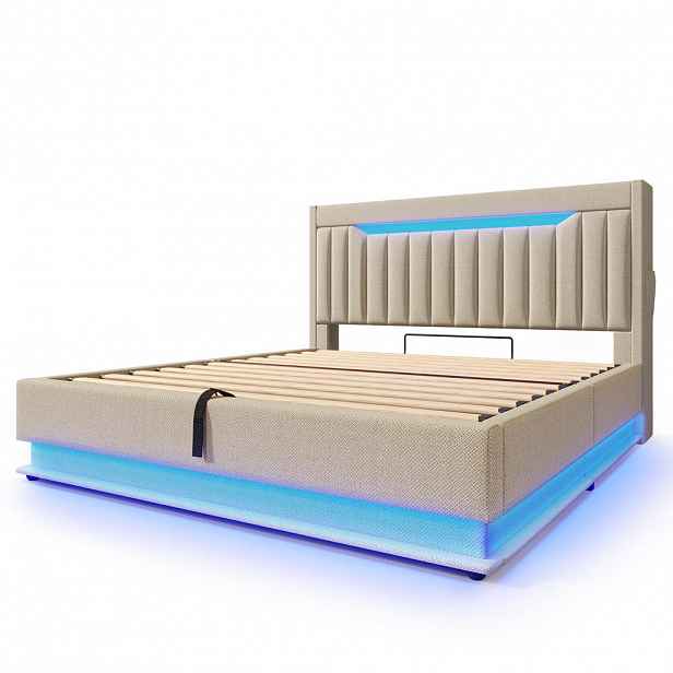 Modfu ČALOUNĚNÁ postel z lnu 160x200 cm béžová s LED osvětlením, USB/USB-C nabíjením a hydraulickým úložným prostorem