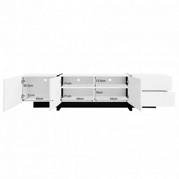 Modfu TV stolek z MDF a dřevotřísky 190x35x45 cm černo-bílý se 3 dvířky, 2 zásuvkami a tlumeným dovíráním