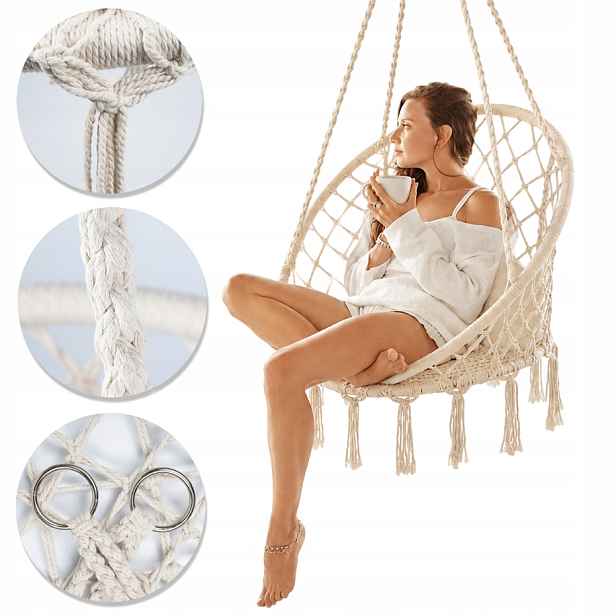 Houpačka Křeslo Čapí hnízdo s opěradlem Ecru Bavlna Makramé Boho