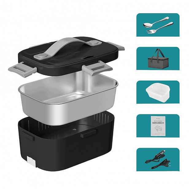 Lunchbox Elektrický Vyhřívaný Z Nerezová Ocel 1,8L12V s Lžící+vidličkou