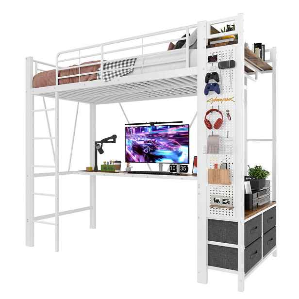 Modenvie VYSOKÁ postel 90/200 cm z kovu a MDF bílá, s psacím stolem, LED a úložným prostorem