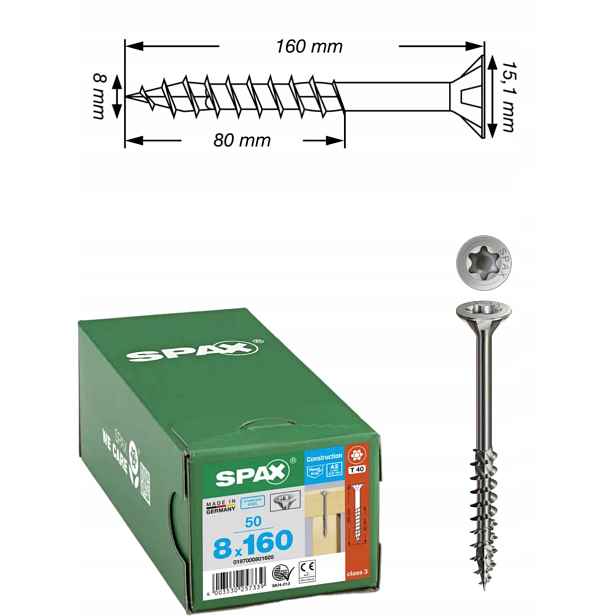 Univerzální šroub do dřeva spax ocel 8 x 160 A2 Tx 50 ks