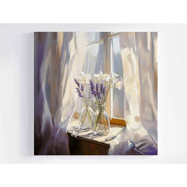 Obraz Na Plátně Obraz Na Plátně Dekorace Okno Záclony Váza Květy Levandule 50x50