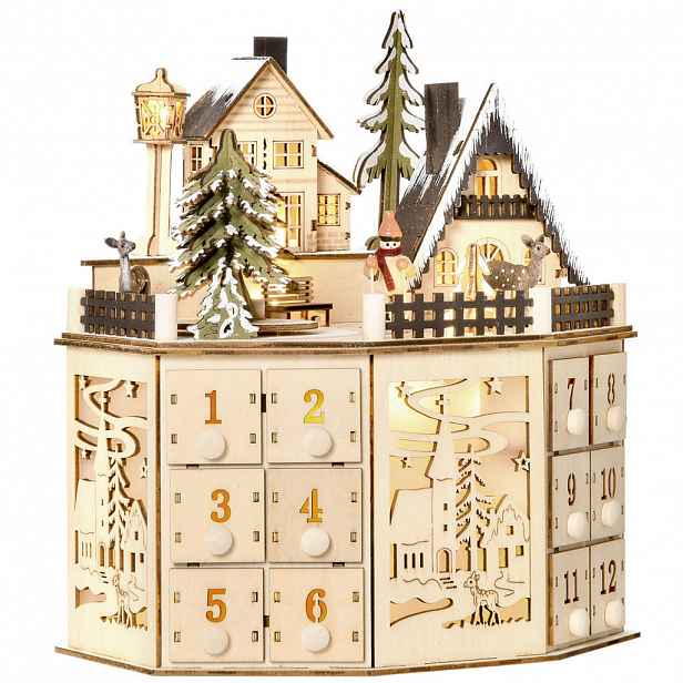 HOMCOM ADVENTNÍ KALENDÁŘ Adventní kalendář s LED světly, 24 zásuvek, přírodní