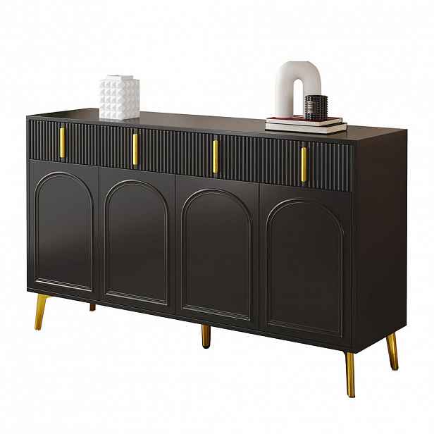 Modfu KOMODA z MDF 140x38x82 cm černá se 4 dvířky, 4 zásuvkami a nastavitelnými policemi se zlatými detaily