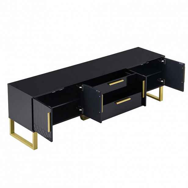 Modfu TV stolek z MDF 170x40x53,5 cm černý se zlatými detaily, ve vysokém lesku, 4 dvířka a průchodky na kabely