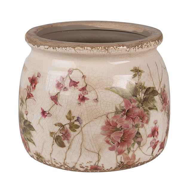 Béžový keramický obal na květináč s květy Lilie S - Ø 12*10 cm Clayre & Eef