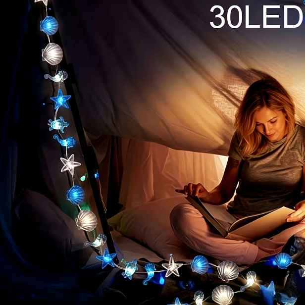 TEMU Dekorace s oceánským s 30 LED, včetně mušlí, hvězdic, mořských koníků a , na baterie, plastový materiál, vhodné pro pokoj, jídelní stůl, svatbu,