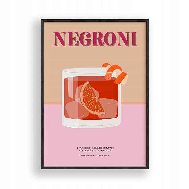 Obraz Koktejl Negroni Plakát Rámeček Dřevěný Černý 30x42 cm