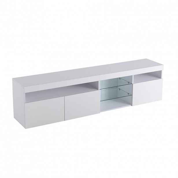 Modfu TV stolek z MDF 180x35x48 cm bílý s LED osvětlením, 3 dvířky a vysokým leskem