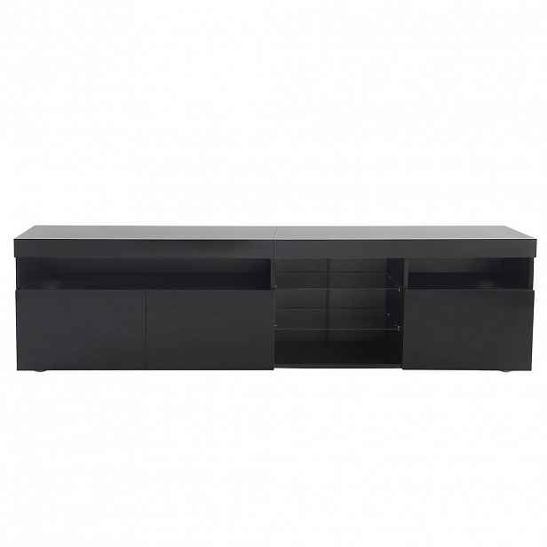 Modfu TV stolek z MDF 180x48x35 cm černý s LED osvětlením, 3 dvířky a povrchem ve vysokém lesku