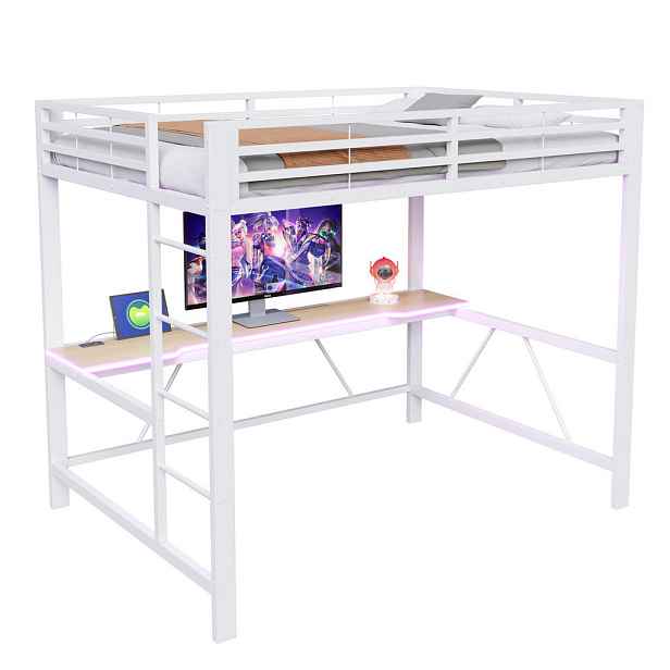 Modenvie VYSOKÁ postel 140/200 cm z kovu a MDF v bílé barvě, s psacím stolem a LED osvětlením