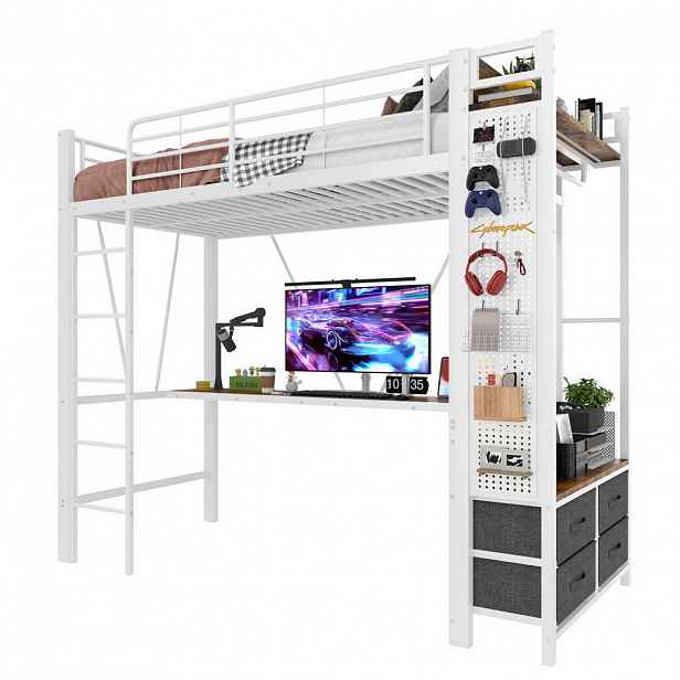 Modfu PATROVÁ postel z kovu a MDF 90x200 cm bílá s psacím stolem, LED osvětlením, USB-C portem, zásuvkou a 4 zásuvkami