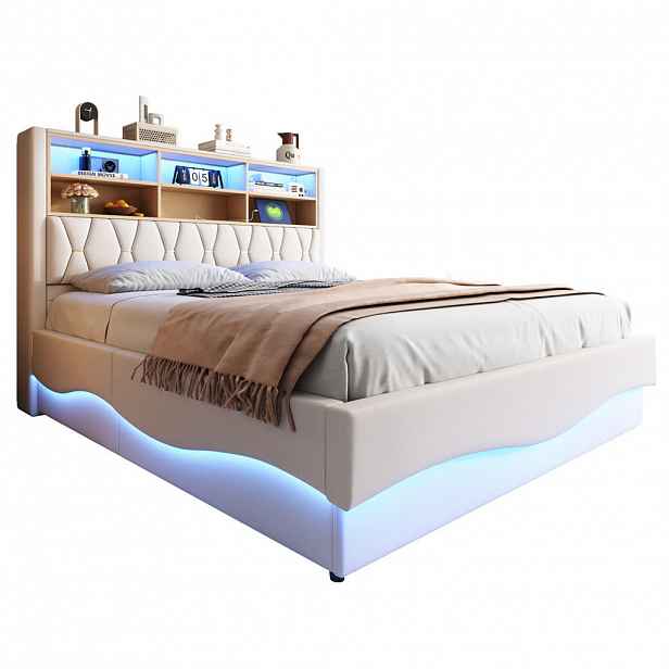 OKWISH ČALOUNĚNÁ postel 180/200 cm béžová z kovu s LED osvětlením, USB a úložným prostorem