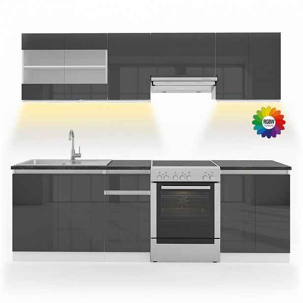 Vicco KUCHYŇSKÁ LINKA R-Line, Antracitový vysoký lesk/Bílá, 240 cm, AP Black s páskem LED