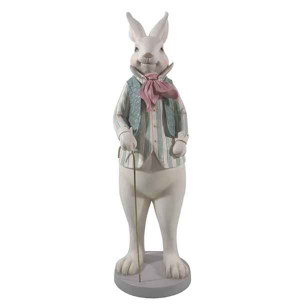 Bílá dekorace socha králík ve vestičce s hůlkou - 17*15*53 cm Clayre & Eef