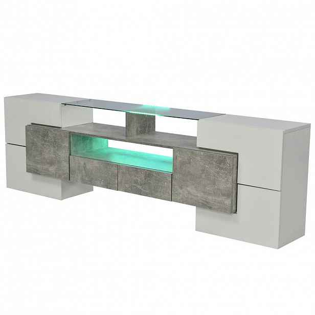 Modfu TV stolek z MDF 200x35x60 cm bílý a šedý s LED osvětlením, 6 dvířky a 2 zásuvkami