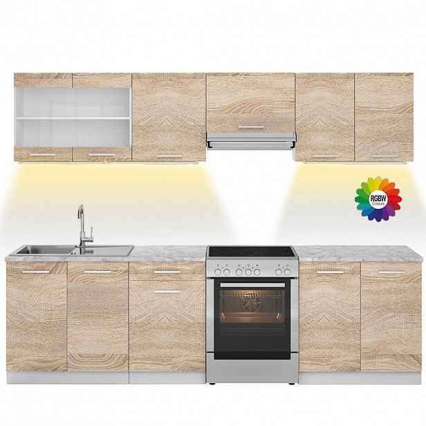Vicco KUCHYŇSKÁ LINKA R-Line, Sonoma/Bílá, 270 cm s pracovní deskou s páskem LED