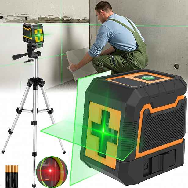 Laserová Vodováha 4D Rovinná 360° Křížový Laser Zelený Se Stativem