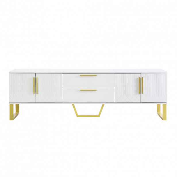 Modfu TV stolek z MDF 170x40x53,5 cm bílý se 4 dvířky, 2 zásuvkami, vysokým leskem a zlatými detaily