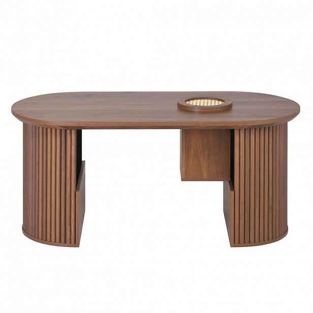 OKWISH OVÁLNÝ konferenční stolek 105/50/46,5 cm ořechový z MDF s úložným prostorem a zaoblenými hranami