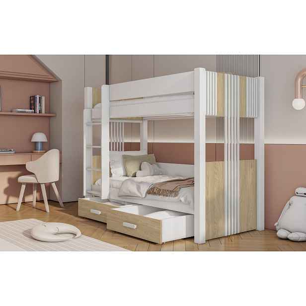 Dvoupatrová postel do dětského pokoje 80x180 ELVA 1 - bílá / dub olejovaný, levé provedení