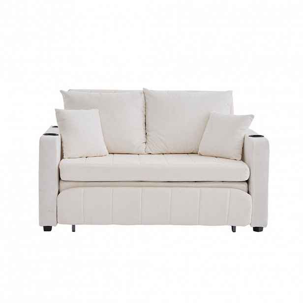Modfu ROZKLÁDACÍ pohovka z chenille 139x83x58 cm béžová s úložnou kapsou a 4 polštáři