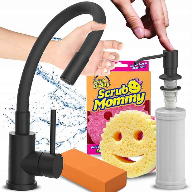Dávkovač Na Tekutiny Na Nádobí S Flexibilní Kuchyňskou Baterií Černý Set 4v1