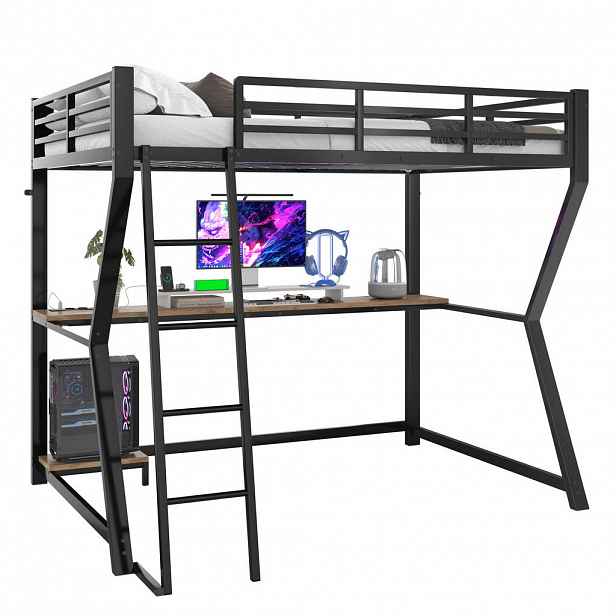 Modfu PATROVÁ postel z kovu a MDF 90x200 cm černá s LED osvětlením, psacím stolem, zásuvkou, USB a schody