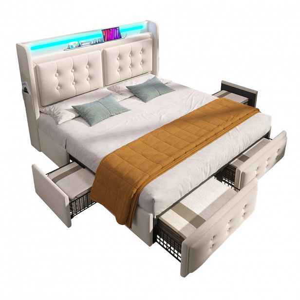 OKWISH ČALOUNĚNÁ postel 160x200 cm béžová z bavlněno-lněné tkaniny s LED, USB-C a úložnými zásuvkami
