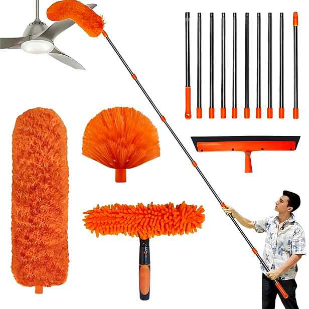 Teleskopický Mop Se 4 Čisticími Hlavicemi Pro Vysoké Stropy, Oranžový
