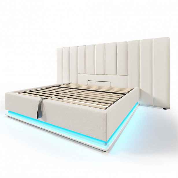 Modfu ČALOUNĚNÁ postel z PU 160x200 cm bílá s LED osvětlením, USB a USB-C nabíjením a hydraulickým úložným prostorem