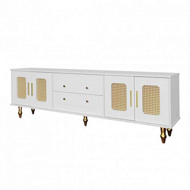 Modfu TV stolek z dřevotřísky 175x38x55,5 cm bílý s PVC ratanovými dvířky, zásuvkami Push-to-Open a zlatými detaily