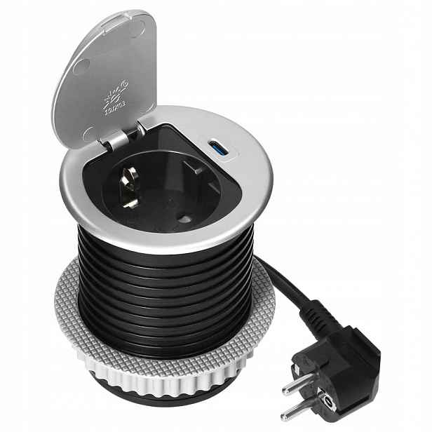 Nábytková zásuvka Ø6 cm 1,9 m, 1x2P+Z (Schuko), 1xUSB (typ C; PD20W), stříbrná