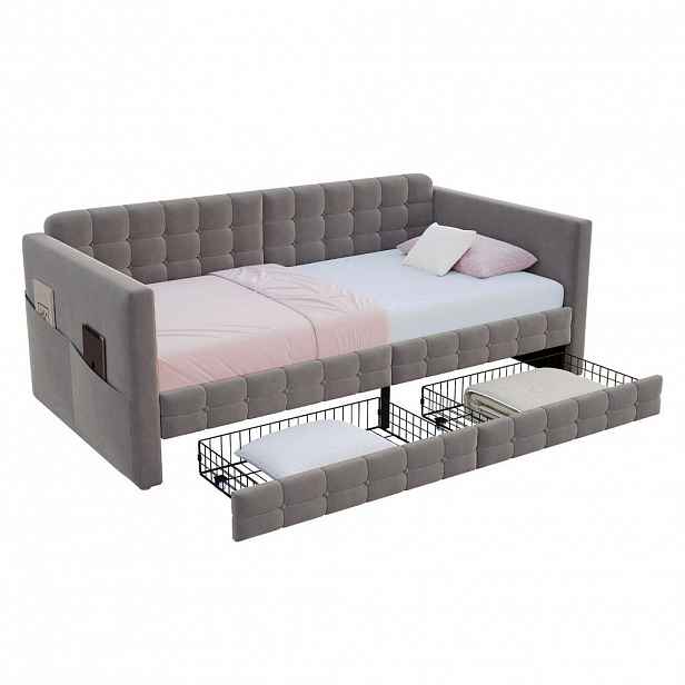 OKWISH ČALOUNĚNÁ postel 90/190 cm šedá ze sametu s úložnými kapsami a 2 zásuvkami