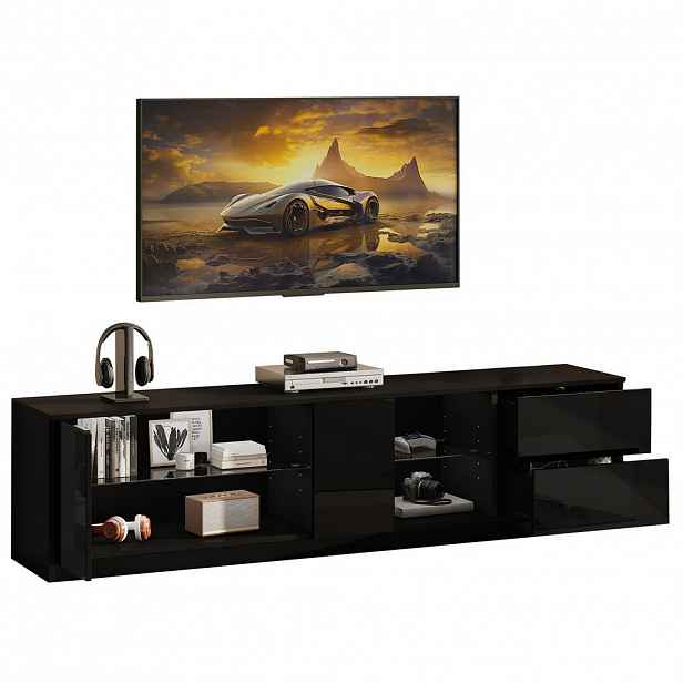 OKWISH TV stolek 160/40/52 cm černý z MDF s LED osvětlením a úložným prostorem