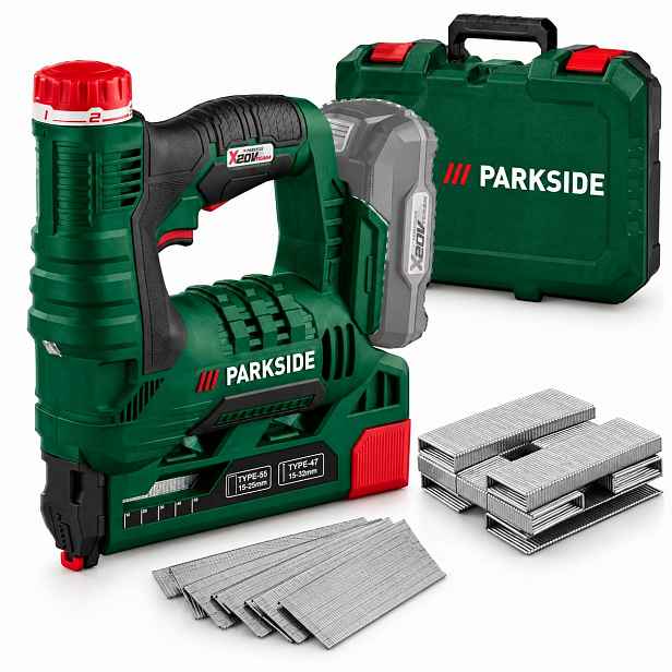 Akumulátorová sponkovačka Parkside Pat 20-Li A1 20 V se sponkami a hřebíky