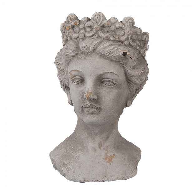 Šedý antik cementový květináč žena s korunkou - 14*15*24 cm Clayre & Eef