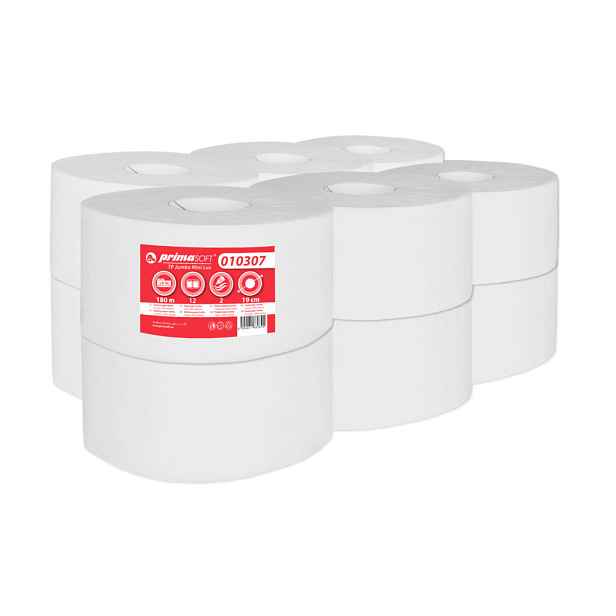 PrimaSoft Toaletní papír JUMBO Mini Lux lepený 190, 2-vr., cel., extra bílá (bal.12ks) 010307