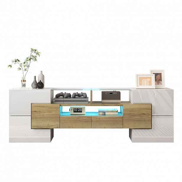 Modfu TV stolek z MDF a dřevotřísky 145x30x51 cm bílý/zlatý s LED osvětlením a úložným prostorem