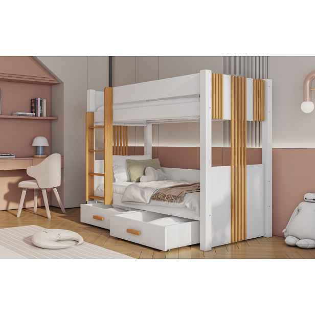 Dvoupatrová postel do dětského pokoje 80x180 ELVA 1 - bílá / buk, levé provedení