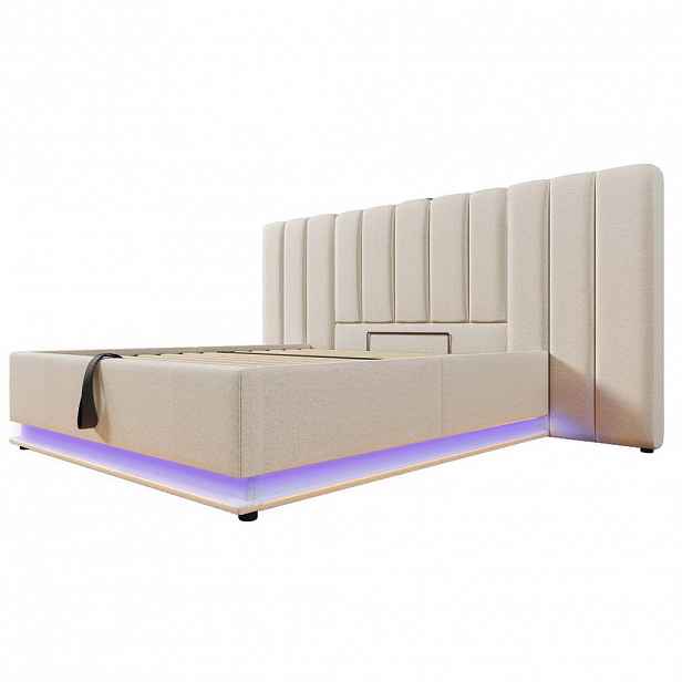 Modfu ČALOUNĚNÁ postel ze lnu 180x200 cm béžová s LED osvětlením, USB-C a hydraulickým úložným prostorem